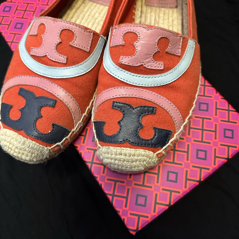Tory Burch POPPY Espadrille Canvas /Leather Pomander, Sz 7 Womens